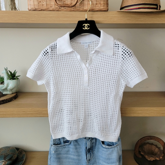 NWT Calvin Klein White Crochet Polo Top XS CK Women Tee - Picture 1 of 8